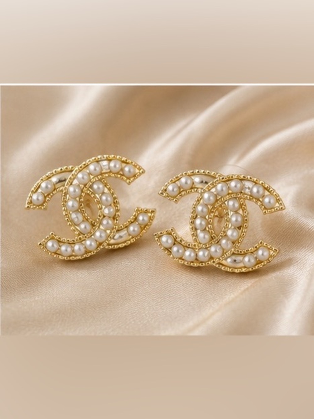 Gold Tone Pearl & Crystal CC Style Stud Earrings - Picture 7 of 8